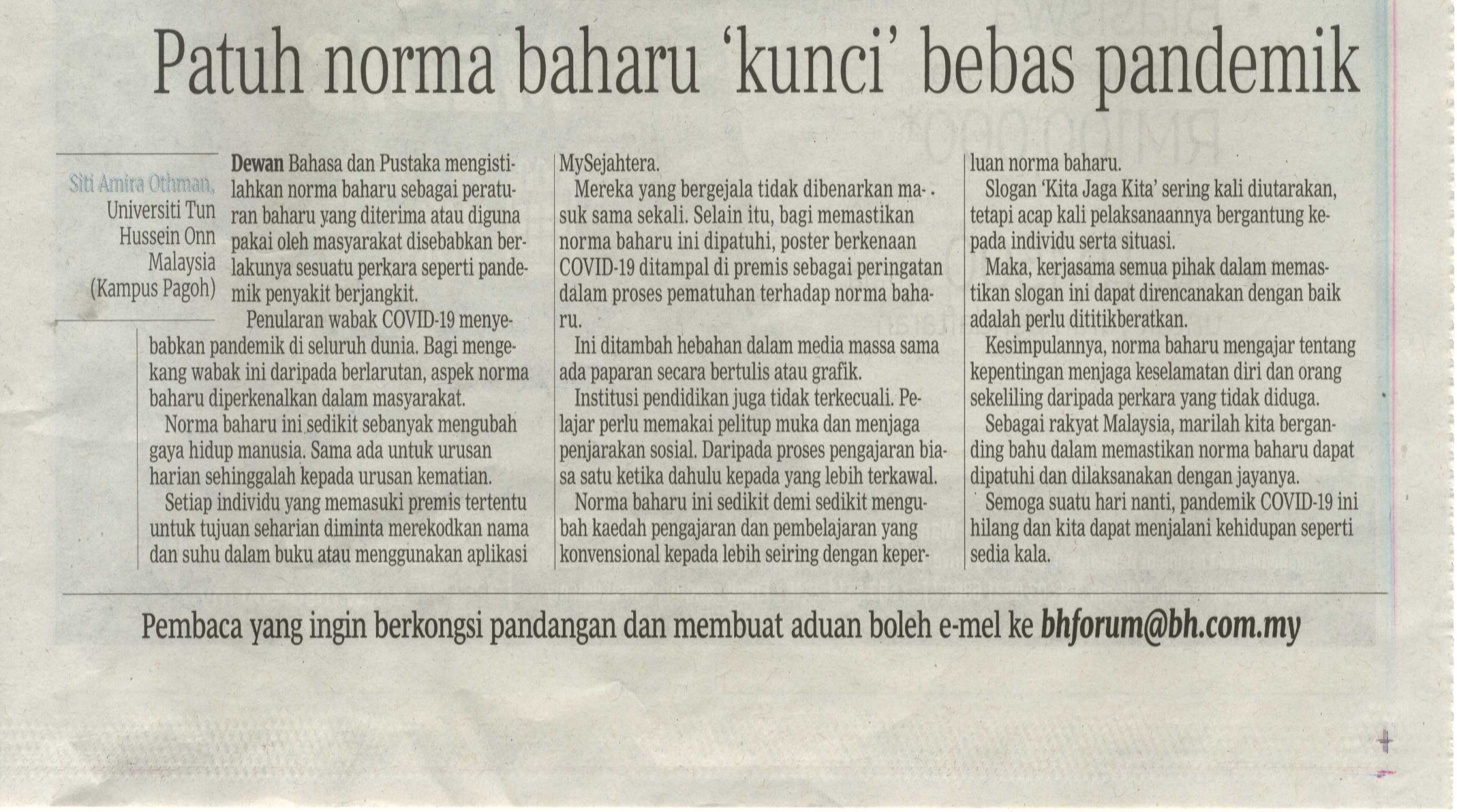 Keratan Akhbar Berita Harian - Patuh norma baharu 'kunci' bebas 