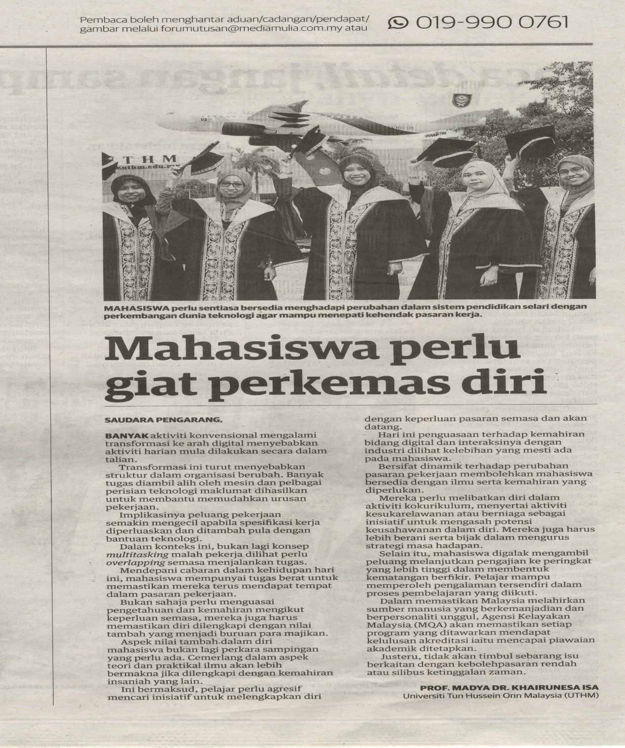 Keratan Akhbar Utusan Malaysia – Mahasiswa perlu giat perkemas diri