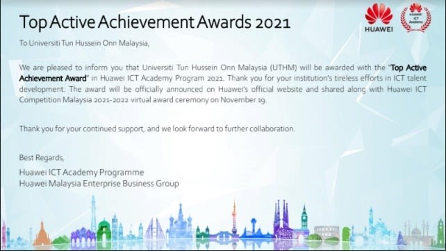 UTHM dianugerah Top Active Achievement Awards 2021 oleh Huawei Malaysia
