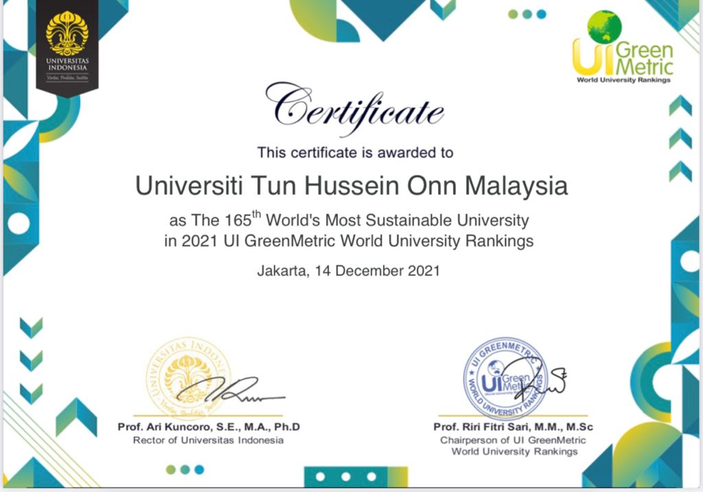 UTHM antara 200 universiti terbaik dalam penarafan UI GreenMetric World University Rankings