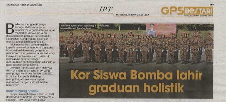 Keratan Akhbar Sinar Harian: Kor Siswa Bomba lahir graduan holistik