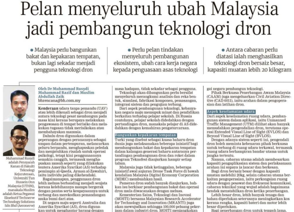 Keratan Akhbar: Pelan menyeluruh ubah Malaysia jadi pembangun teknologi dron